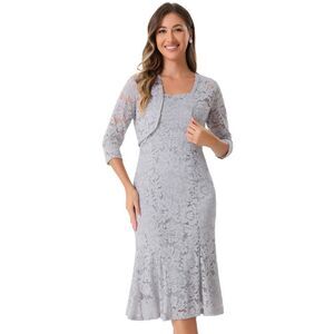 Evening Lace Sleeveless Dress with Open Front Shrugs Light Grey